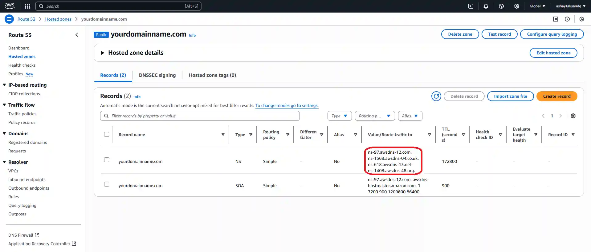 hosted zone details page